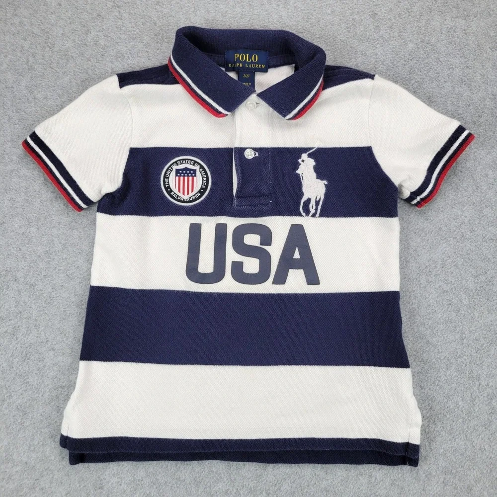 Polo Ralph Lauren Polo Shirt Kids 2/2T Navy Blue White USA Striped Pony